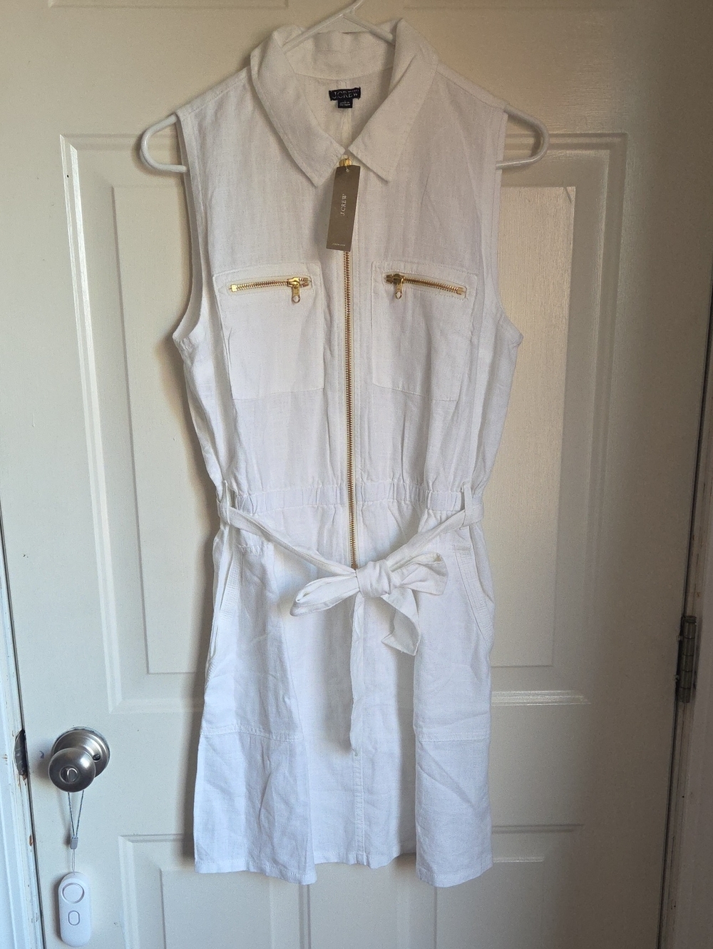 J. Crew White Sleeveless Zip-Front Shirt Dress with Tie Waist